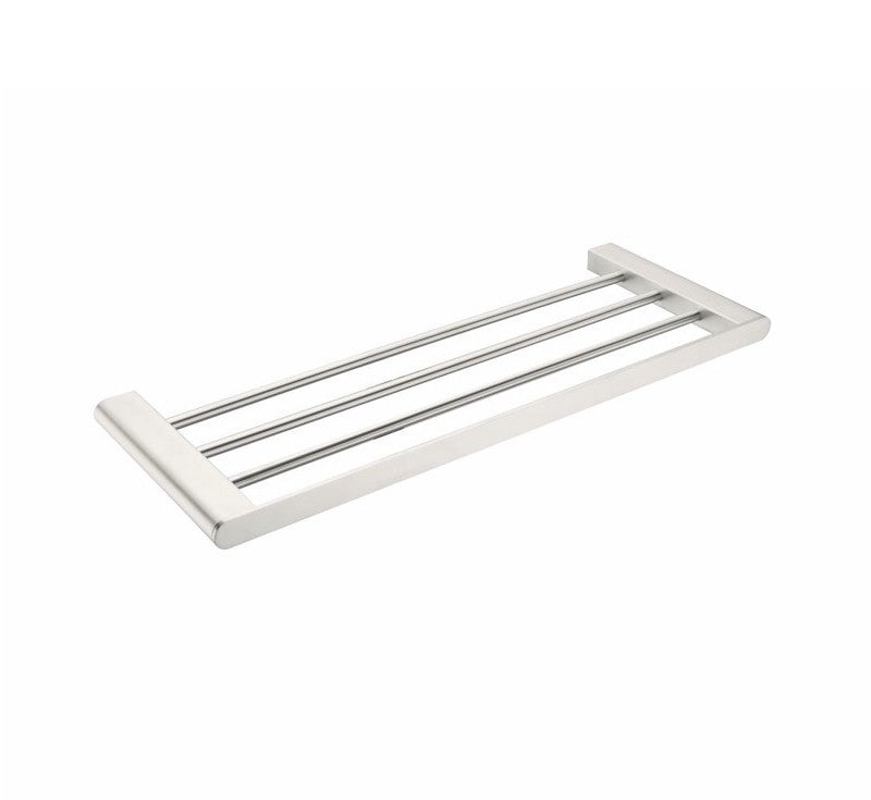 Nero Bianca brushed nickel towel rack with shelf, rectangular wall-mounted bathroom accessory on white background