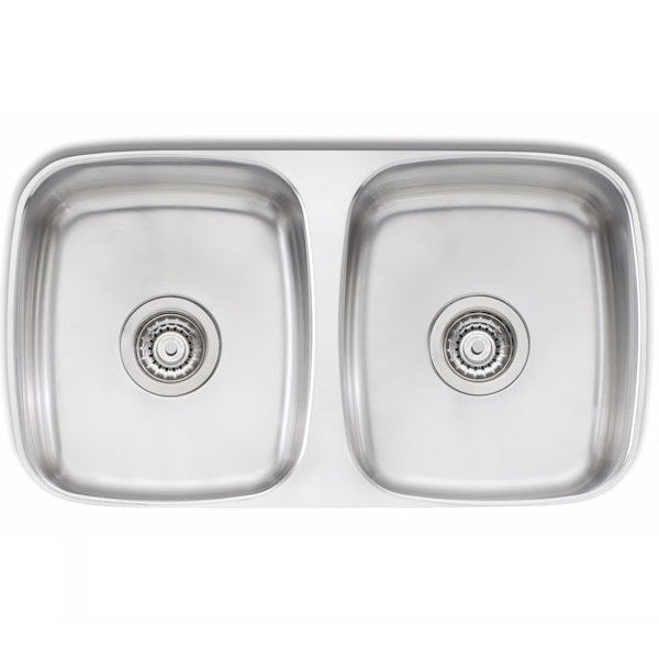 Oliveri Endeavour stainless steel double bowl undermount kitchen sink, top view with two bowls and basket wastes