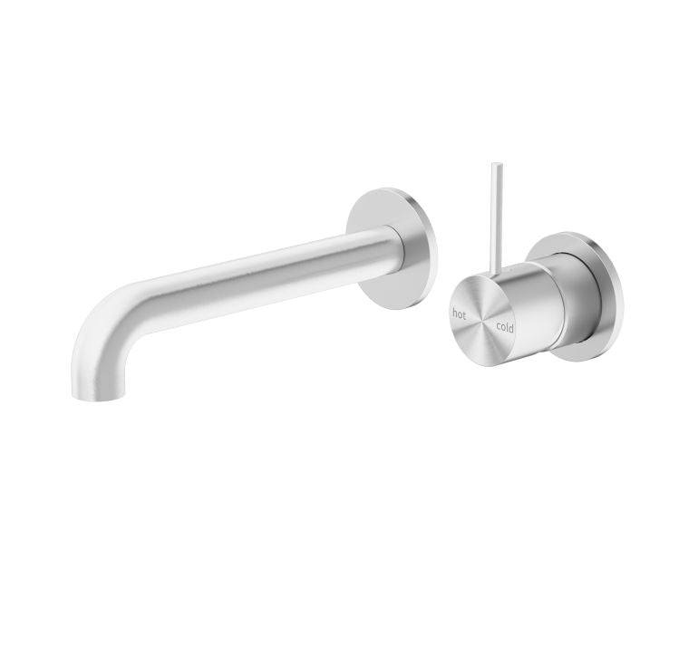 Nero Mecca wall basin/bath mixer set in brushed nickel with separate back plate and 230mm spout, front view