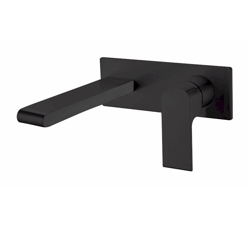 Nero Bianca wall basin/bath mixer in matte black, wall-mounted with a long spout and single lever on rectangular backplate