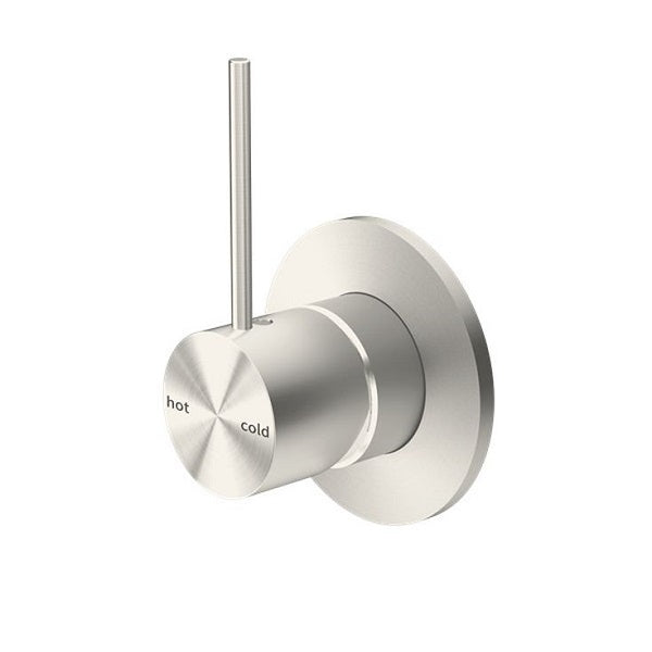 Nero Mecca shower mixer, brushed nickel, round 80mm wall plate with handle-up lever and hot/cold markings