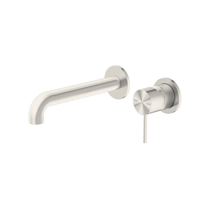 Nero Mecca wall basin mixer and 185mm spout in brushed nickel, wall-mounted tap set with round handles on white background