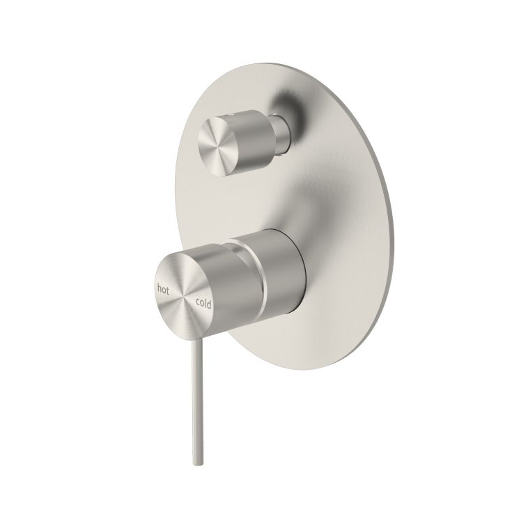 Nero Mecca brushed nickel shower mixer with diverter, round wall plate and dual controls, front view on white background