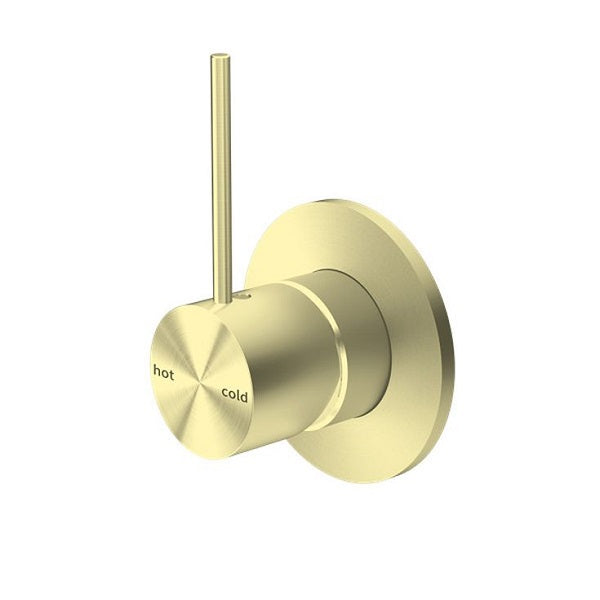 Nero Mecca shower mixer handle, brushed gold, 80mm round plate with upward lever, front view