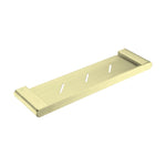 Nero Bianca shower shelf in brushed gold with slotted base, shown on a white background
