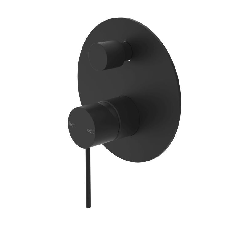 Nero Mecca matte black shower mixer with diverter, round wall plate and dual controls, front view