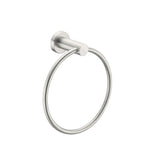 Nero Mecca hand towel ring in brushed nickel, wall-mounted bathroom accessory with oval ring and round backplate on white background