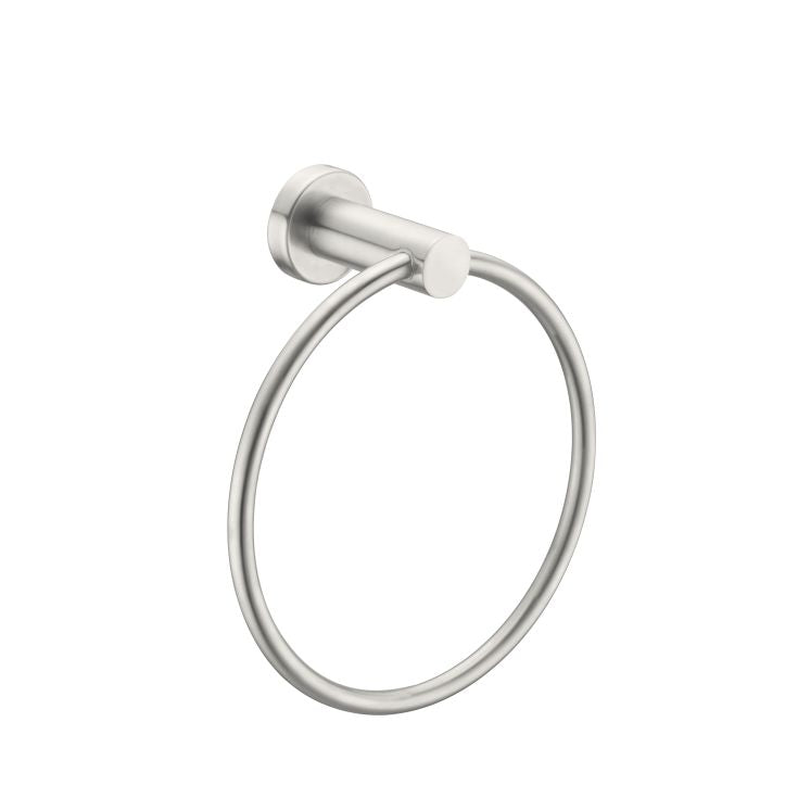 Nero Mecca hand towel ring in brushed nickel, wall-mounted bathroom accessory with oval ring and round backplate on white background