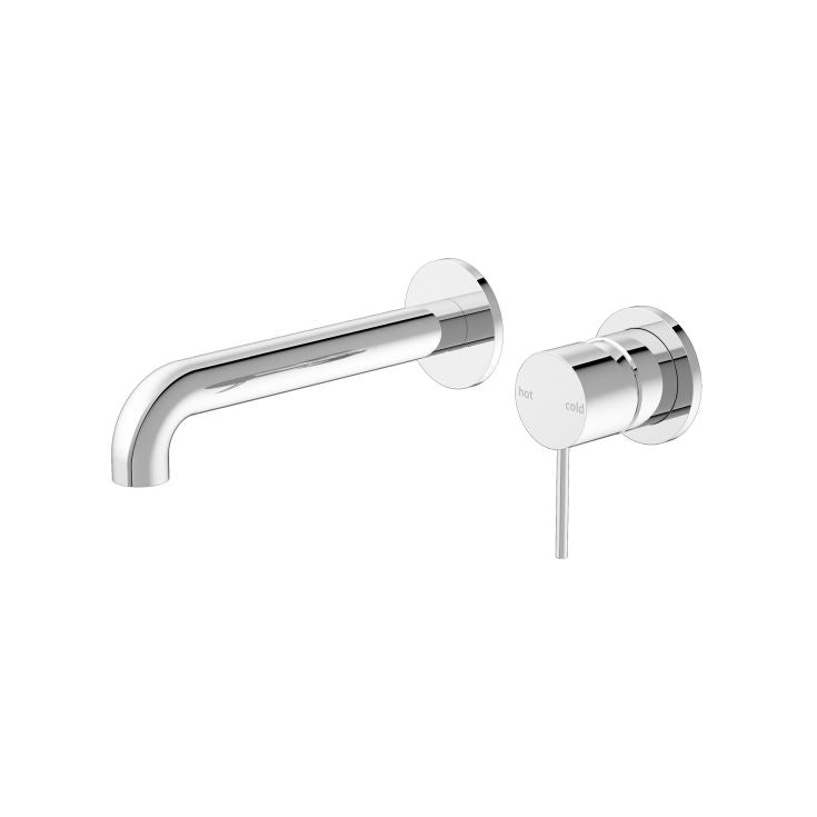 Nero Mecca chrome wall basin/bath mixer set with separate round back plates and curved spout, front view on white background
