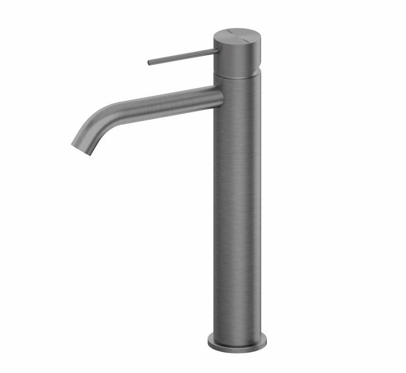 Nero Mecca tall basin mixer in gun metal, brushed cylindrical tap with slim lever handle and curved spout on white background