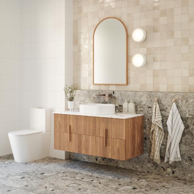 Ingrain timber framed arch mirror in natural ash finish, wall-hung above vanity in a bathroom setting