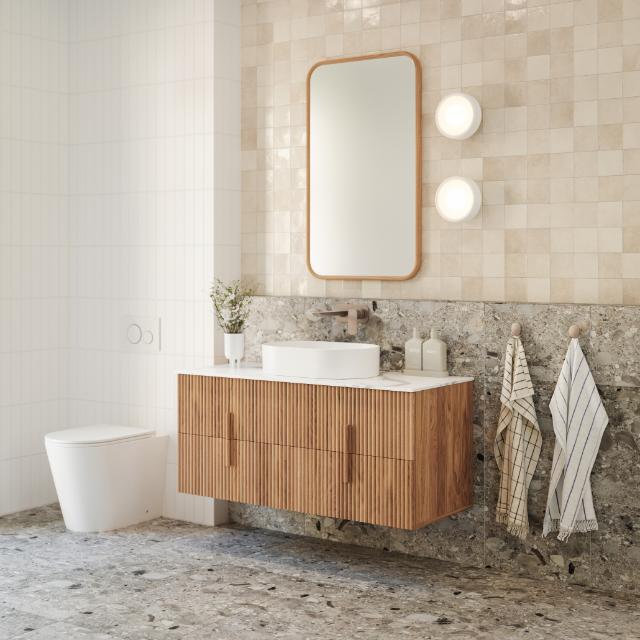 Ingrain timber framed rectangular mirror in ash finish, portrait wall hung above vanity in a modern bathroom