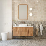 Ingrain timber framed rectangular mirror in ash finish, portrait wall-hung above bathroom vanity with rounded corners