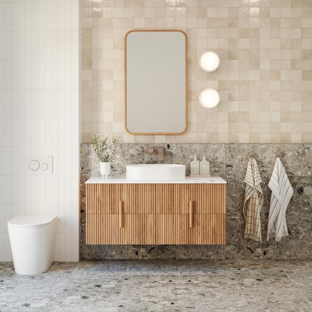 Ingrain timber framed rectangular mirror in ash finish, portrait wall-hung above bathroom vanity with rounded corners