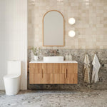 Ingrain timber framed arch mirror with natural ash finish, wall hung above bathroom vanity