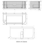 Technical drawing of Ingrain Curved Fluted Wall Hung Vanity, 1200mm no taphole, showing front, side and top dimensions