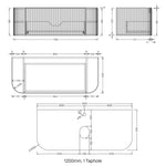 Technical drawing of Ingrain curved fluted wall hung vanity, 1200mm, with 1 taphole and rounded ends