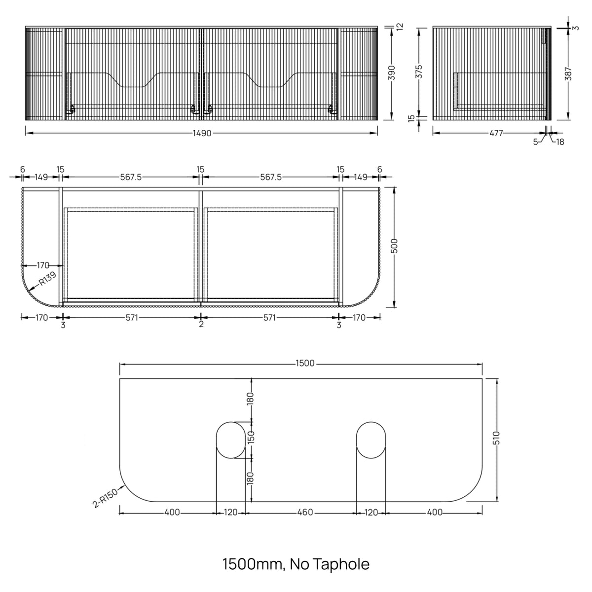 Ingrain Curved Fluted wall hung vanity technical drawing, 1500mm, no taphole, two-drawer curved front with fluted detail