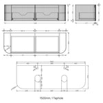 Technical drawing of Ingrain Curved Fluted Wall Hung Vanity, 1500mm, 1 taphole, with dimensions shown
