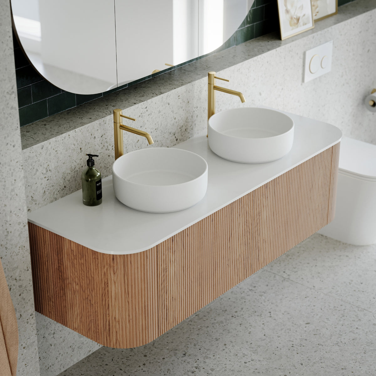 Ingrain curved fluted wall hung vanity with white top and double round basins in a modern bathroom setting