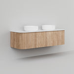 Ingrain curved fluted wall hung vanity in woodgrain with white top and double bowl, floating bathroom cabinet view