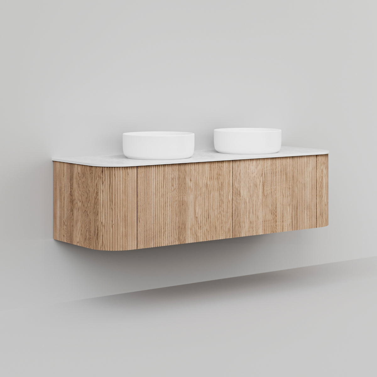 Ingrain curved fluted wall hung vanity in woodgrain with white top and double bowl, floating bathroom cabinet view