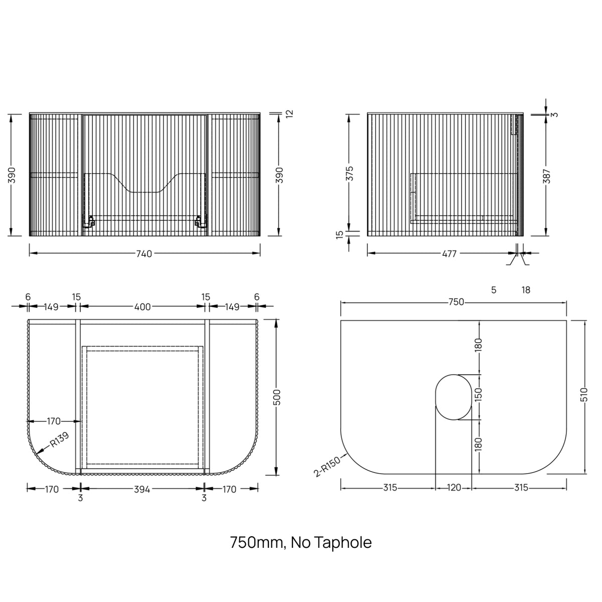 Technical drawing of Ingrain curved fluted wall hung vanity, 750mm, no taphole, with dimensions and front, side and top views