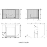 Technical drawing of Ingrain Curved Fluted Wall Hung Vanity, 750mm, 1 taphole, with dimensions shown