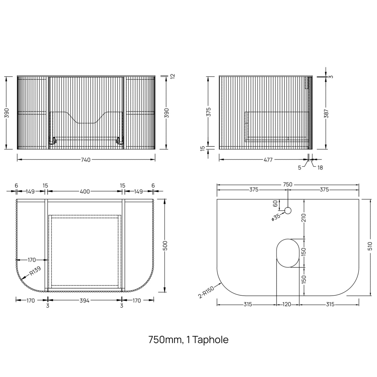 Technical drawing of Ingrain Curved Fluted Wall Hung Vanity, 750mm, 1 taphole, with dimensions shown