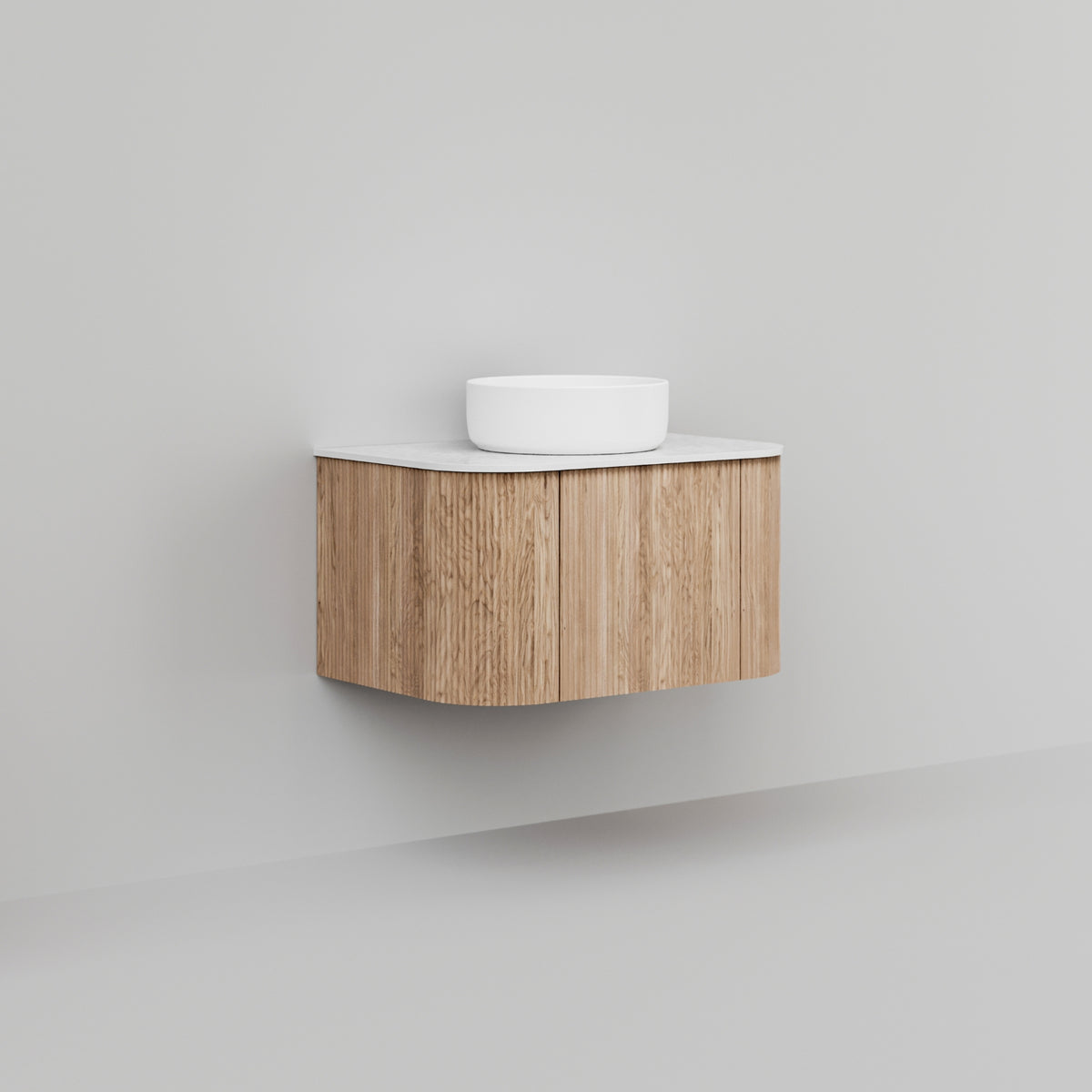 Ingrain curved fluted wall hung vanity in woodgrain finish with white top and round basin, front view