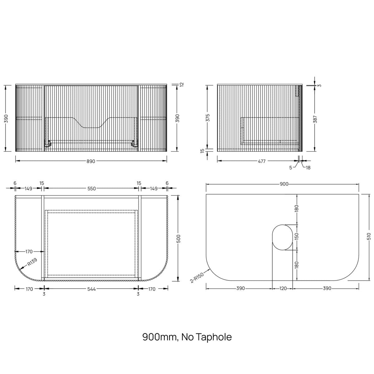 Technical drawing of Ingrain 900mm curved fluted wall hung vanity, no taphole, with dimensions and drawer layout