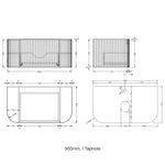 Ingrain 900mm wall hung fluted vanity technical drawing, showing curved front and 1 taphole dimensions