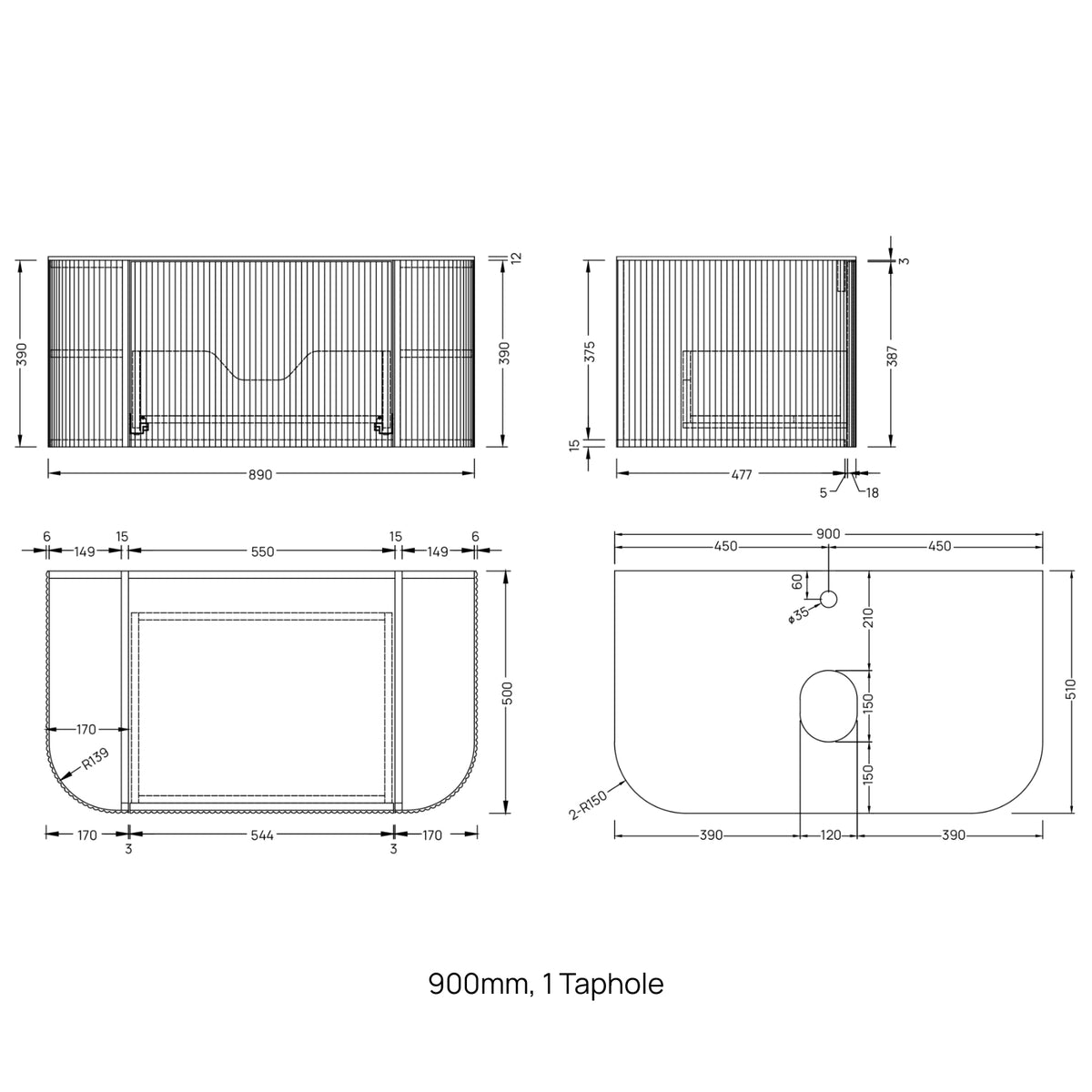 Ingrain 900mm wall hung fluted vanity technical drawing, showing curved front and 1 taphole dimensions