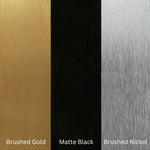 Finish options swatch for Ingrain arch mirror: brushed gold, matte black and brushed nickel frame colours