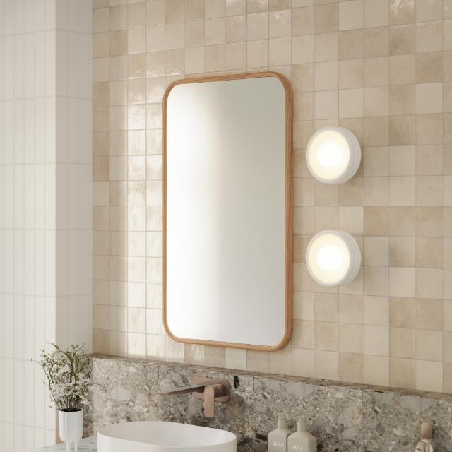 Ingrain rectangular timber framed mirror in ash finish, shown wall hung in portrait above a bathroom vanity