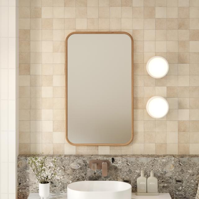 Ingrain timber framed rectangular mirror with ash finish, shown wall hung in portrait in a bathroom setting