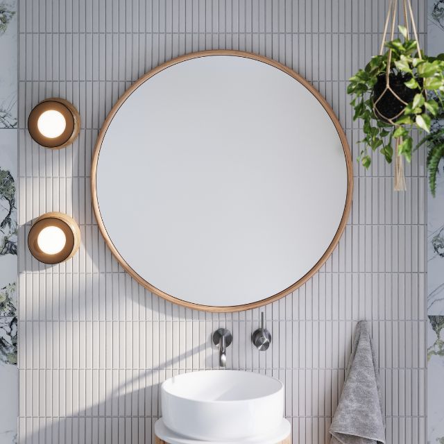 Ingrain timber framed round mirror 800mm in natural ash finish, wall hung above a vanity