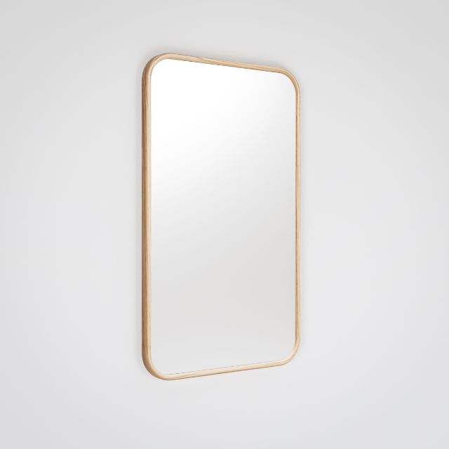 Ingrain timber framed rectangular mirror in ash finish, wall hung portrait view with rounded corners