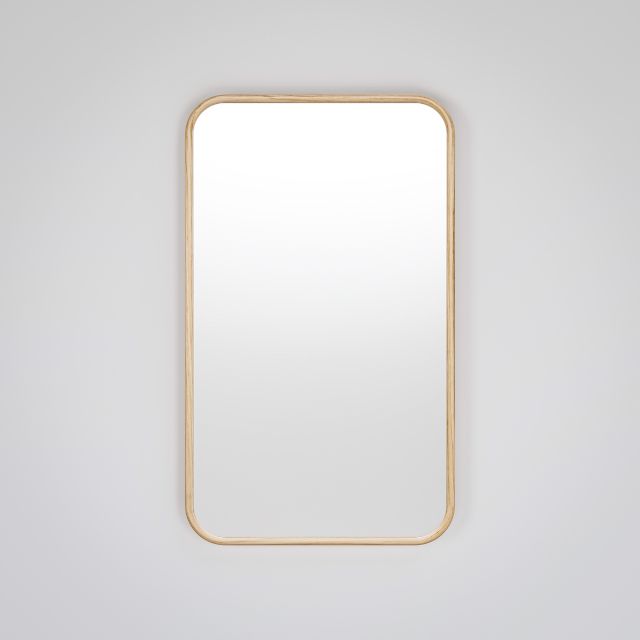 Ingrain timber framed rectangular mirror with ash woodgrain finish, shown wall mounted in portrait orientation