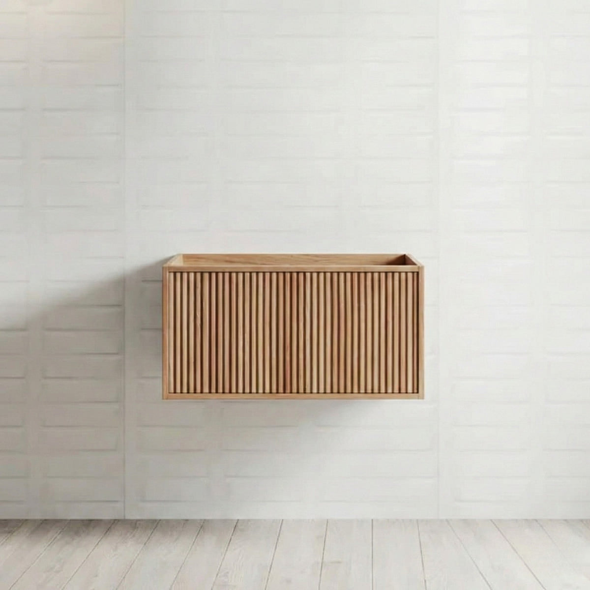 Ingrain Grooved wall-hung vanity in ash woodgrain, fluted front, mounted on a white tiled wall