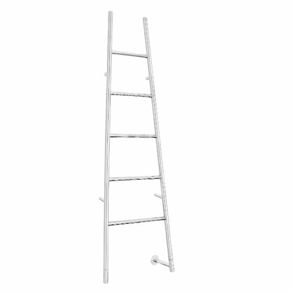 Thermogroup Jeeves Tangent L chrome heated towel rail, tapered ladder style with 5 bars, front view on white background