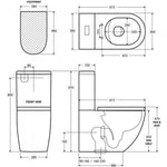 Fienza Alix extra height back-to-wall toilet suite technical drawing with footprint, front, top and side views and dimensions.