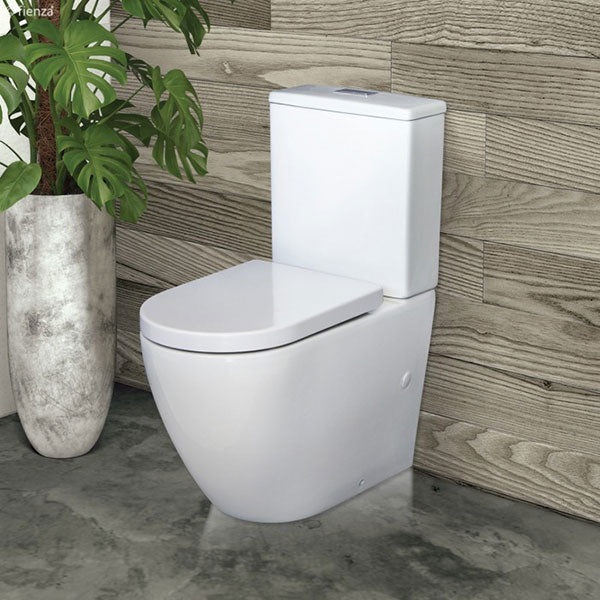 Fienza Alix extra height back-to-wall toilet suite in white, with soft-close seat, shown in a bathroom setting