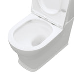 Fienza Lillian back-to-wall toilet suite in gloss white, close-up of open slim seat and rimless pan