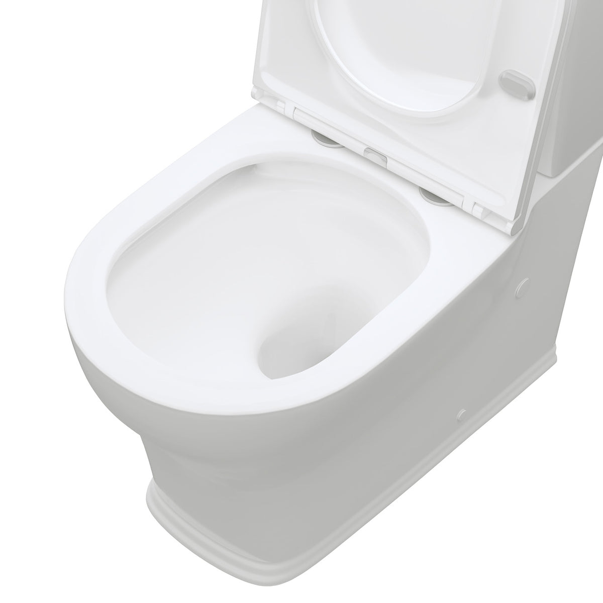Fienza Lillian back-to-wall toilet suite in gloss white, close-up of open slim seat and rimless pan