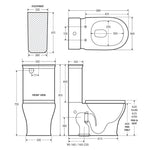 Fienza Lillian back-to-wall toilet suite technical drawing in white, showing dimensions and front, side and top views