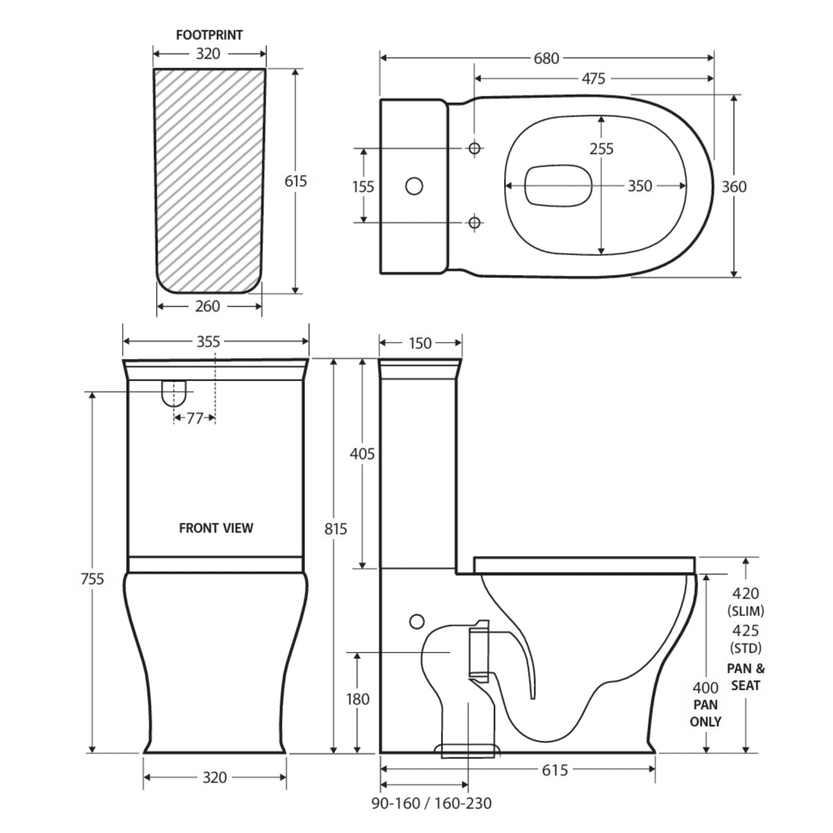 Fienza Lillian back-to-wall toilet suite technical drawing in white, showing dimensions and front, side and top views