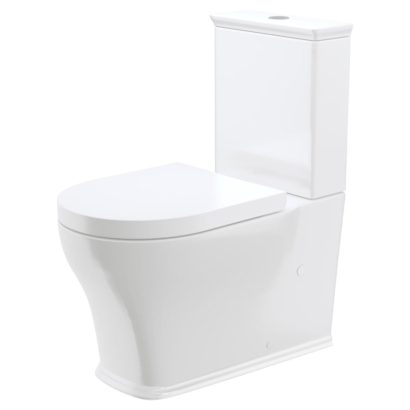 Fienza Lillian back-to-wall toilet suite in gloss white, with thick seat and chrome flush button, front angle view
