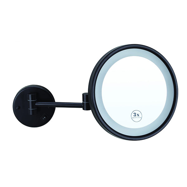 Thermogroup Ablaze 3x magnifying shaving mirror in matte black, wall-mounted on swivel arm with round LED-lit mirror