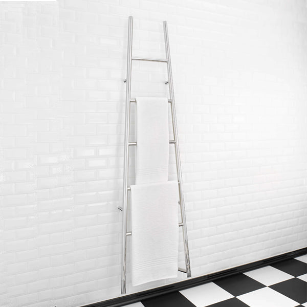 Thermogroup Jeeves Tangent L chrome heated towel rail, tapered ladder style with two white towels in bathroom setting